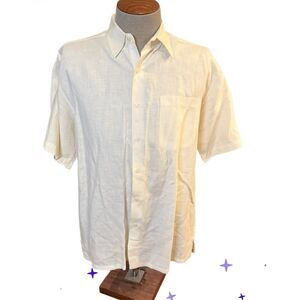 Alan Flusser Men’s 100% Linen Short Sleeve Button Front Shirt Medium Cream